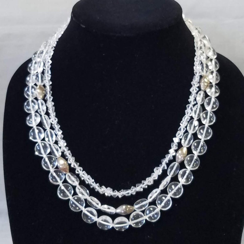 Vintage Three Strand Clear/White Beaded Necklace with gold/silver accents